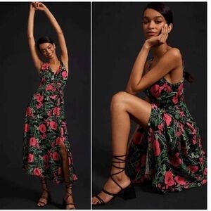 Anthropologie Maeve V-Neck Midi Dress 10 Slit Sleeveless Summer Roses Black Pink
